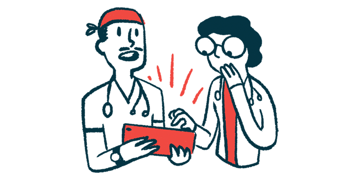 Two doctors confer while interacting with a tablet.