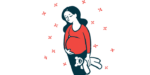 A pregnant woman cradles her belly as she clutches a stuffed toy.