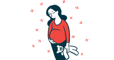 A pregnant woman cradles her belly as she clutches a stuffed toy.