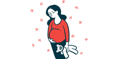 A pregnant woman cradles her belly as she clutches a stuffed toy.
