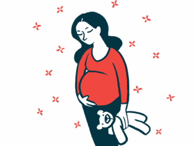 A pregnant woman cradles her belly as she clutches a teddy bear.