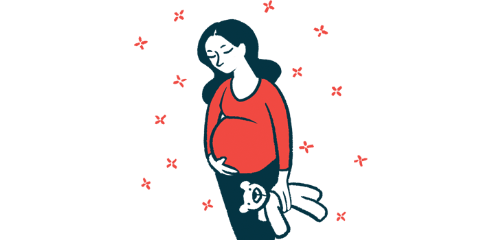 A pregnant woman cradles her belly as she clutches a stuffed toy.