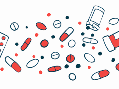 An illustration shows a collection of pills, tablets, and prescription bottles scattered about.