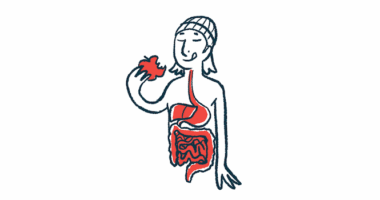 This illustration shows a person eating an apple, with their digestive system highlighted.