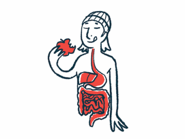 This illustration shows a person eating an apple, with their digestive system highlighted.