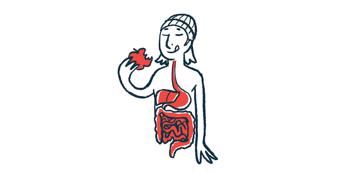 This illustration shows a person eating an apple, with their digestive system highlighted.