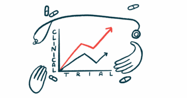 Illustration of a clinical trial graph showing two upward-trending lines.