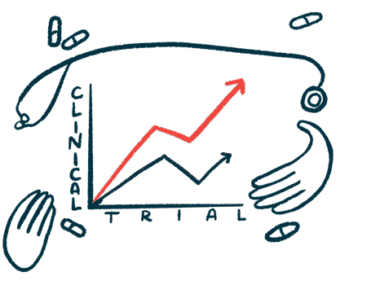 Illustration of a clinical trial graph showing two upward-trending lines.
