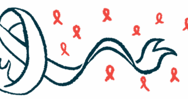 A large black and white ribbon is shown against a backdrop of small red awareness ribbons.
