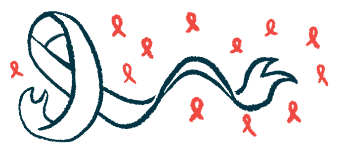 A large black and white ribbon is shown against a backdrop of small red awareness ribbons.
