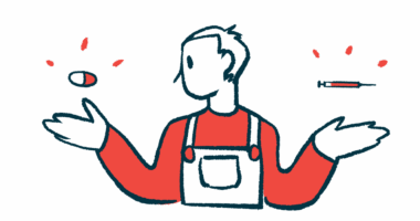 A person wearing overalls weighs two medicine choices, with an oral medication seen above one hand and a syringe above the other.