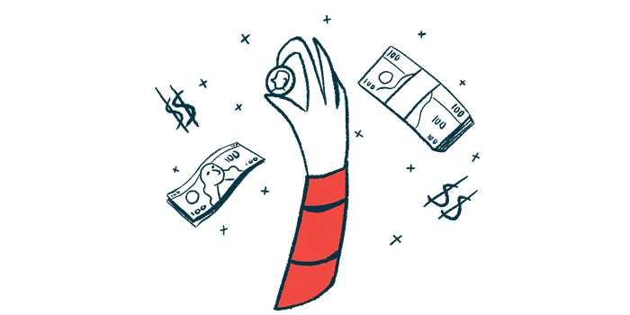 A hand holding a coin is flanked by bills and dollar signs.