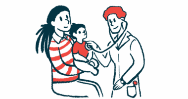 A clinician uses a stethoscope to listen to the chest of a young child sitting on a parent's lap.