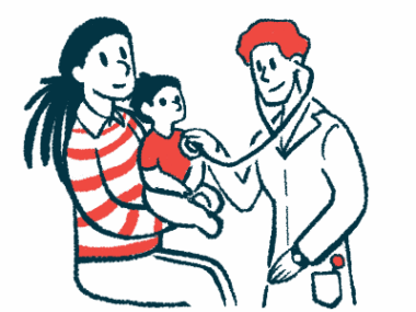 A clinician uses a stethoscope to listen to the chest of a young child sitting on a parent's lap.