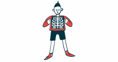 An illustration of a man standing, holding a square, dark X-ray film over their chest, which reveals a depiction of a ribcage and spine against the black background of the film.