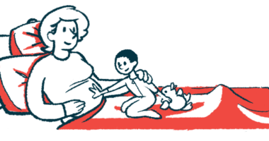 An illustration of a pregnant mom with a small child awaiting anticipating the arrival of a sibling.