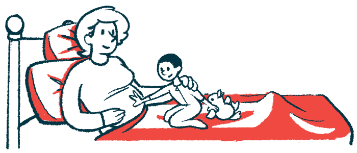 An illustration of a pregnant mom with a small child awaiting anticipating the arrival of a sibling.