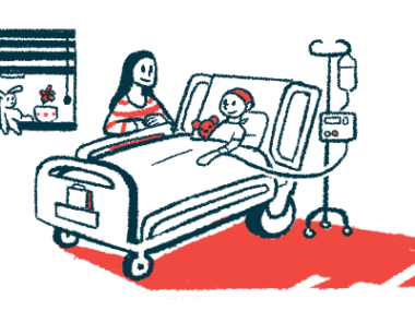 An adult sits next to the hospital bed of a child receiving an intravenous, or into-the-vein, infusion.