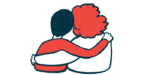 Two people with their arms around each other are shown from behind.
