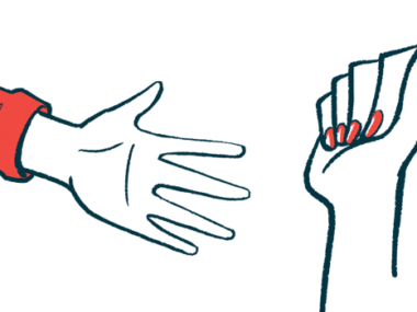 An illustration of one person's hand reaching out to another person's hand.