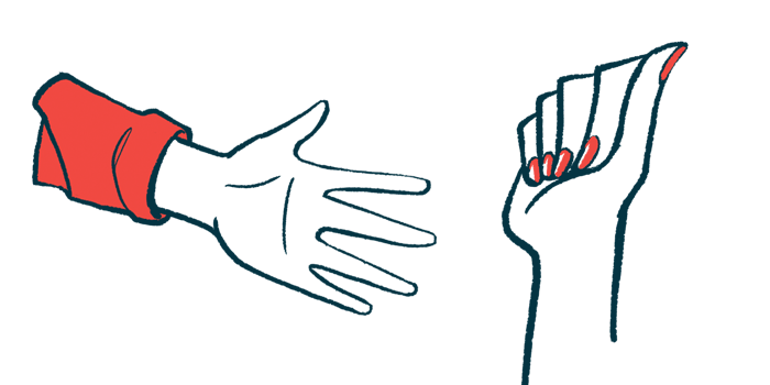 An illustration of one person's hand reaching out to another person's hand.
