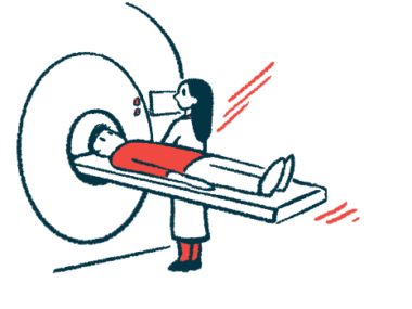 Illustration of a person undergoing an MRI scan while lying on the imaging table.
