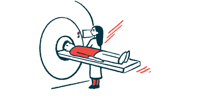 Illustration of a person undergoing an MRI scan while lying on the imaging table.