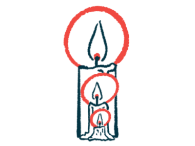Illustration of three candles of decreasing size, each with a red circular glow surrounding a blue flame.