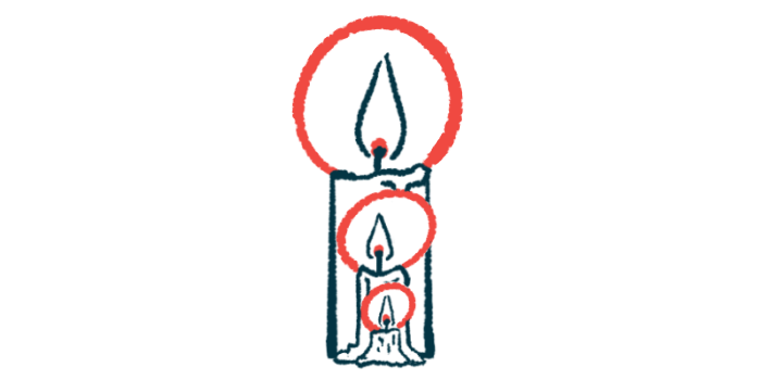 Illustration of three candles of decreasing size, each with a red circular glow surrounding a blue flame.